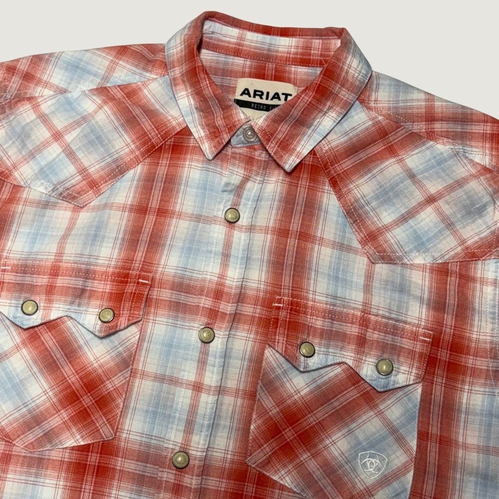 Ariat Harter Retro Plaid Western Pearl Snap Shirt Mens Medium Red Blue Sawtooth
